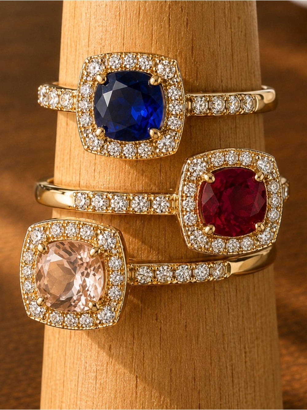 Gold Halo Ring with Blue, red, peach Cushion Gem